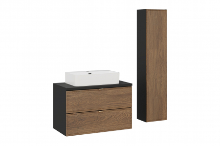 Seturi mobilier baie - Set mobilier baie 80 cm negru mat, stejar Casella cu blat, lavoar pe blat baie Trust si dulap inalt baie Talia Casella COMAD