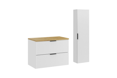 Promotii - Set Mobilier Baie Adel White 80 cm, cu Blat și Coloană, Alb Mat, Stejar Artisan - COMAD