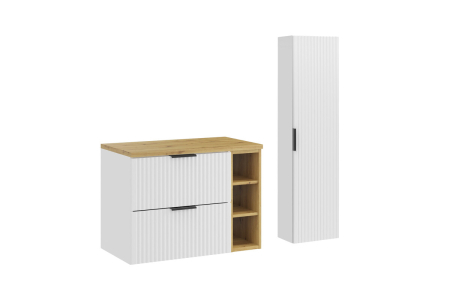 Promotii - Set Mobilier Baie Adel White 80 cm, cu blat și coloană, Alb Mat, Stejar Artisan - COMAD