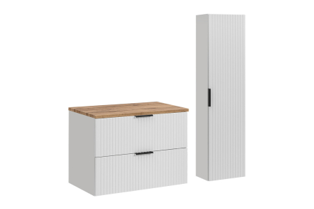 Promotii - Set Mobilier Baie Adel White 80 cm, cu blat și coloană, Alb Mat, Stejar Wotan - COMAD
