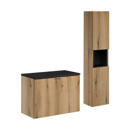 Promotii - Set Mobilier Baie Nova Oak 80 cm, cu blat și coloană, Stejar Coast Evoke, Negru Mat - COMAD