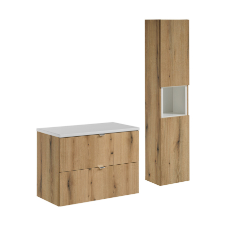 Promotii - Set Mobilier Baie Nova Oak 80 cm, cu Blat și Coloană Înaltă, Alb Mat, Stejar Coast Evoke - COMAD