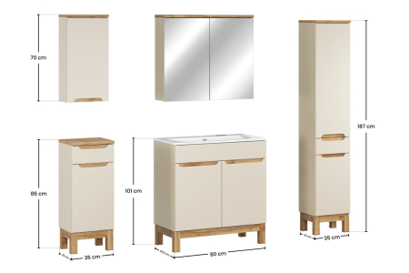 Set Mobilier Baie Bali Cashmere 80 cm, cu Lavoar, Coloană și Dulap cu Oglindă, Cașmir Mat - COMAD [3]