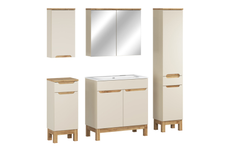 Promotii - Set Mobilier Baie Bali Cashmere 80 cm, cu Lavoar, Coloană și Dulap cu Oglindă, Cașmir Mat - COMAD