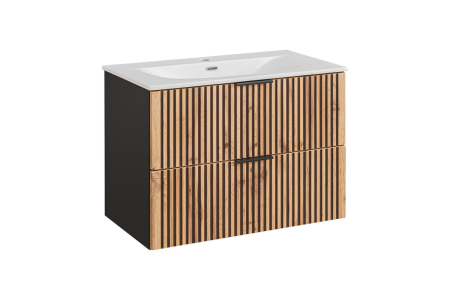 Produse - Set Mobilier Baie Xilo 80 cm, cu Lavoar, Stejar Wotan, Gri Piatră - COMAD