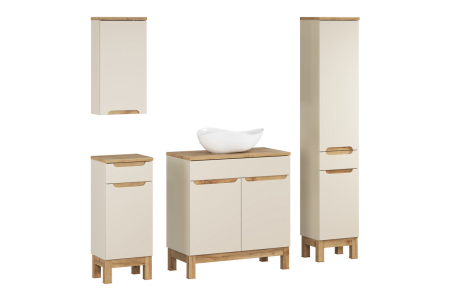 Promotii - Set Mobilier Baie Bali Cashmere 80 cm, cu blat, lavoar Cloud și Coloană Înaltă, Cașmir Mat - COMAD