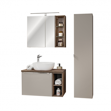 Seturi mobilier baie - Set mobilier baie 80cm cu blat, lavoar Smile, dulap înalt și dulap cu oglindă Santa Fe Taupe