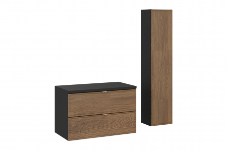 Seturi mobilier baie - Set mobilier baie 80 cm, Negru mat, Stejar Casella, cu blat si dulap inalt Talia Casella COMAD