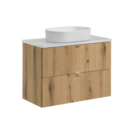 Promotii - Set Mobilier Nova Oak 80 cm, cu Blat și Lavoar pe Blat, Alb Mat, Stejar Coast Evoke - COMAD
