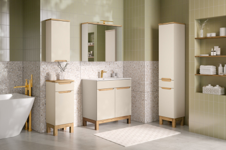 Set Mobilier Baie Bali Cashmere 80 cm, cu Lavoar, Coloană și Dulap cu Oglindă, Cașmir Mat - COMAD [4]