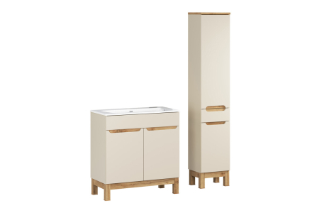 Promotii - Set Mobilier Baie Bali Cashmere 80 cm, cu Lavoar și Dulap Înalt, Cașmir Mat - COMAD