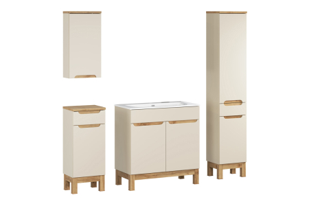 Promotii - Set Mobilier Baie Bali Cashmere 80 cm, cu Lavoar și Dulap Înalt, Cașmir Mat - COMAD