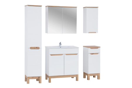 Promotii - Set Mobilier Bali White 80 cm, cu Lavoar, Dulap Înalt și Dulap cu Oglindă, Alb - COMAD