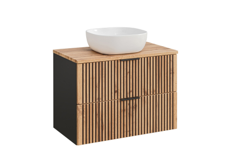 Produse - Set Mobilier Baie Xilo 80 cm, cu Lavoar pe Blat, Stejar Wotan, Gri Piatră - COMAD