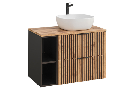 Produse - Set Mobilier Xilo 80 cm, cu lavoar pe blat, Stejar Wotan, Gri Piatră - COMAD