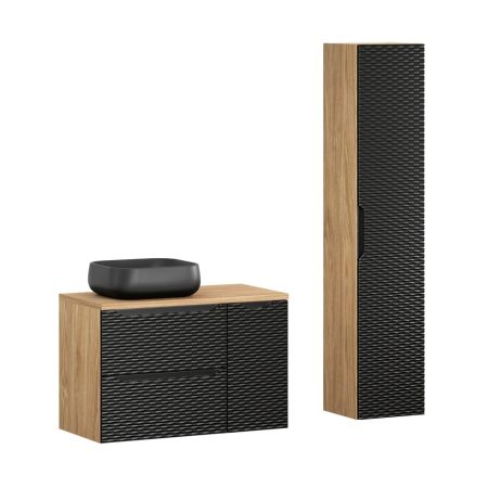 Mobilier Baie - Set Mobilier Baie Ocean Black 90 cm, cu Lavoar Nika și Coloană Înaltă, Stejar Uleiat și Negru Mat - COMAD