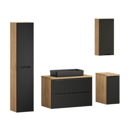 Promotii - Set Mobilier Baie Ocean Black 90 cm, cu Lavoar Slim și Coloană Înaltă, Stejar Uleiat și Negru Mat - COMAD