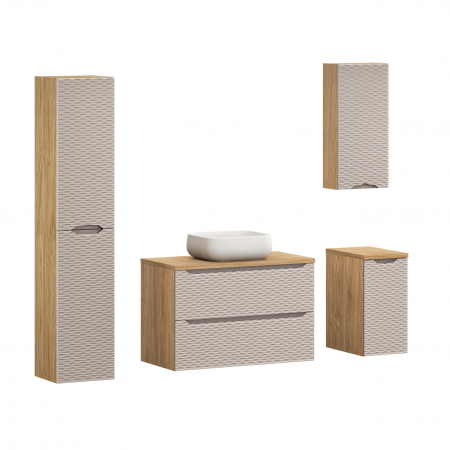 Seturi mobilier baie - Set mobilier baie 90cm cu blat, lavoar Nika și dulap înalt Ocean Beige