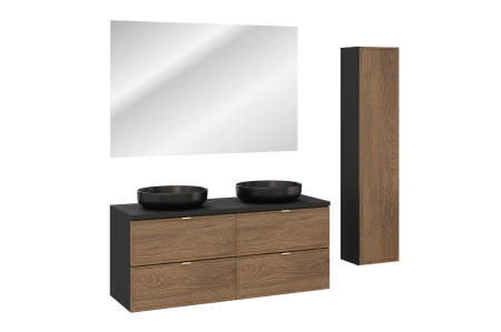 Seturi mobilier baie - Set mobilier baie 120 cm, negru mat, stejar Casella, cu blat si 2 lavoare pe blat River, dulap inalt baie si oglinda baie LED Talia Casella COMAD
