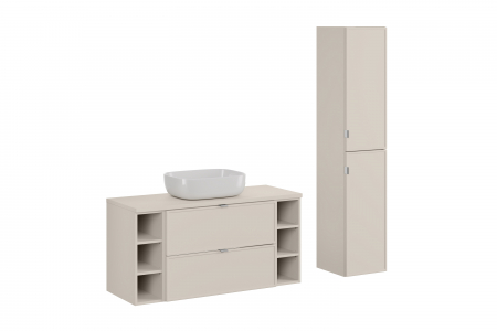 Seturi mobilier baie - Set mobilier baie 120 cm, Bella Cashmere, cu blat, lavoar pe blat Smile si dulap baie inalt, COMAD