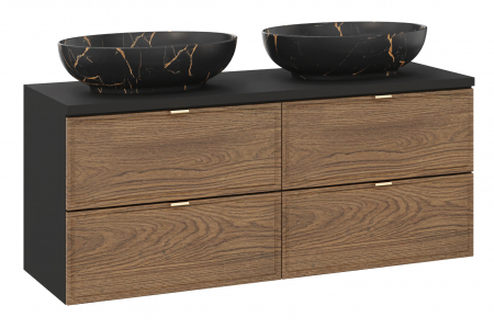 Seturi mobilier baie - Set mobilier baie 120 cm Negru mat, stejar Casella cu blat si 2 lavoare pe blat Mona Talia Casella COMAD
