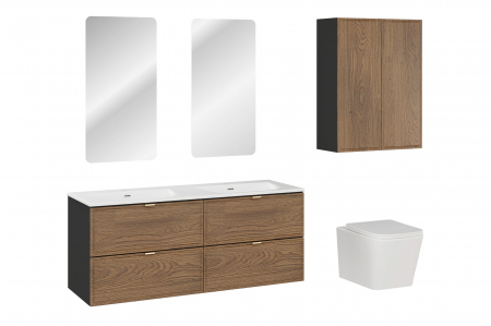 Seturi mobilier baie - Set mobilier baie 120 cm, finisaj negru mat si stejar, cu lavoar baie SKY, coloane laterale baie si oglinzi LED baie Talia Casella, COMAD