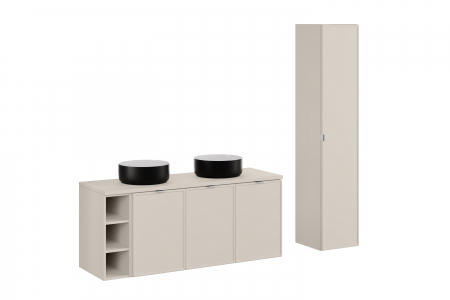 Seturi mobilier baie - Set mobilier baie 140 cm Bella Cashmere cu blat, doua lavoare pe blat Simple si dulap inalt baie COMAD
