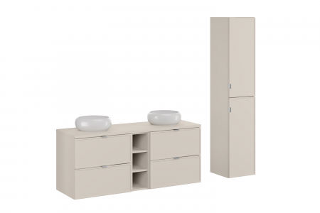 Seturi mobilier baie - Set mobilier baie 140 cm, finisaj Bella Cashmere, cu blat, doua lavoare pe blat Wiki si dulap inalt COMAD