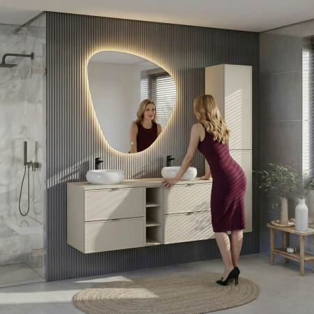 Set mobilier baie 140 cm, finisaj Bella Cashmere, cu blat, doua lavoare pe blat Wiki si dulap inalt COMAD [7]