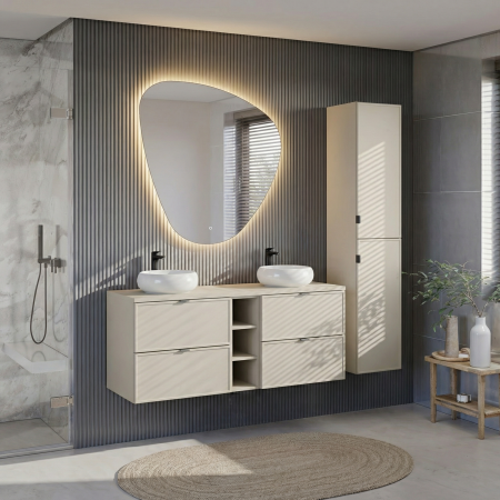 Seturi mobilier baie - Set mobilier baie 140 cm, finisaj Bella Cashmere, cu blat, doua lavoare pe blat Wiki si dulap inalt COMAD