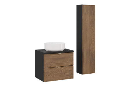 Seturi mobilier baie - Set mobilier baie 60 cm, negru mat, stejar Casella, cu blat, lavoar pe blat baie Maja, dulap inalt baie Talia Casella