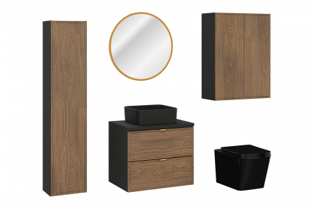 Seturi mobilier baie - Set mobilier baie 60 cm, negru mat si stejar Casella, cu blat, lavoar pe blat Slim, dulap inalt, oglinda LED, vas WC suspendat Talia Casella, COMAD
