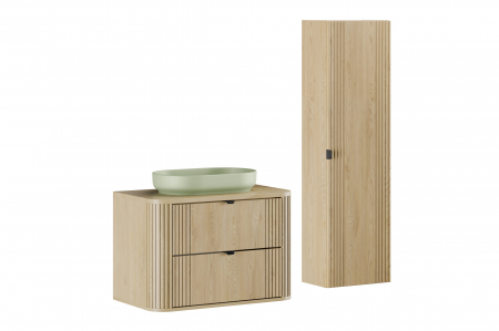 Seturi mobilier baie - Set mobilier baie 80 cm, finisaj Cremona, cu blat si lavoar pe blat River si dulap baie inalt Ovalia, COMAD