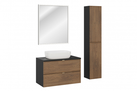 Seturi mobilier baie - Set mobilier baie 80 cm, cu blat, lavoar baie pe blat Smile, coloane laterale baie, oglinda baie cu LED Talia Casella, negru mat, stejar Casella, COMAD