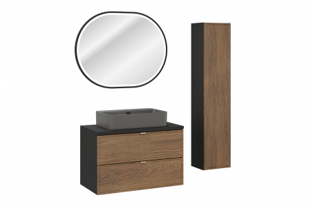 Seturi mobilier baie - Set mobilier baie 80 cm cu blat, lavoar baie pe blat Trust, dulap baie inalt si oglinda baie LED Talia Casella, finisaj negru mat si stejar Casella COMAD