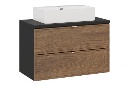 Seturi mobilier baie - Set mobilier baie 80 cm, negru mat, stejar Casella, cu blat si lavoar pe blat, Trust Talia Casella COMAD