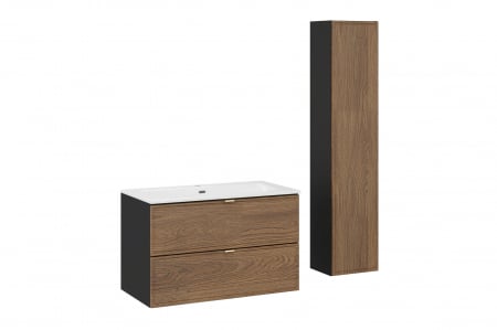Seturi mobilier baie - Set mobilier baie 80 cm, negru mat, stejar casella, cu lavoar baie, dulap baie inalt Talia Casella, mobilier SKY, COMAD