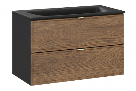 Seturi mobilier baie - Set mobilier baie 80 cm, negru mat si stejar, cu lavoar, model SKY Talia Casella COMAD