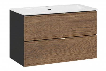 Seturi mobilier baie - Set mobilier baie 80 cm, negru mat + stejar, cu lavoar, SKY Talia Casella COMAD