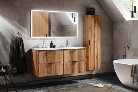 Seturi mobilier baie - SET MOBILIER BAIE ADEL OAK 120 CM, MDF RIFLAT, CULOARE STEJAR, LAVOAR INCASTRAT