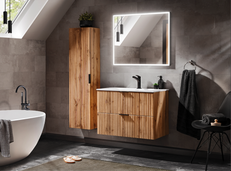 Seturi mobilier baie - SET MOBILIER BAIE ADEL OAK 80 CM, MDF RIFLAT, CULOARE STEJAR, LAVOAR INCASTRAT