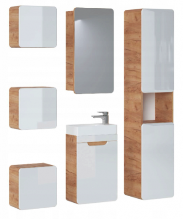 Seturi mobilier baie - SET MOBILIER BAIE ARUBA WHITE, MASCA LAVOAR 40 CM, ALB LUCIOS + STEJAR AURIU