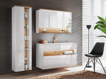 Seturi mobilier baie - SET MOBILIER BAIE BAHAMA WHITE 120 CM, MDF ALB LUCIOS, STEJAR AURIU