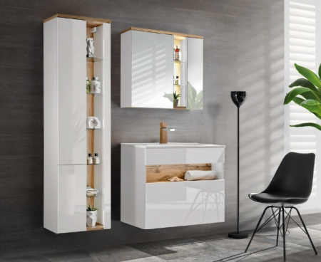 Seturi mobilier baie - SET MOBILIER BAIE BAHAMA WHITE 80 CM, MDF ALB LUCIOS, STEJAR AURIU