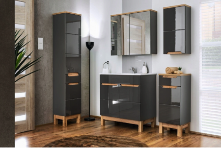 Seturi mobilier baie - SET MOBILIER BAIE BALI GRAFIT, MASCA LAVOAR 60 CM, MDF GRI LUCIOS, STEJAR AURIU