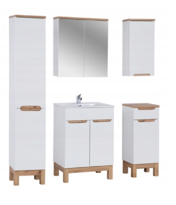 Seturi mobilier baie - SET MOBILIER BAIE BALI WHITE 60 CM CU DULAP COS RUFE, MDF ALB LUCIOS, STEJAR AURIU