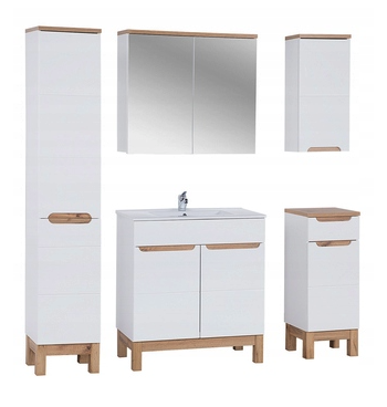 Seturi mobilier baie - SET MOBILIER BAIE BALI WHITE 80 CM, MDF ALB LUCIOS, STEJAR AURIU, COS DE RUFE