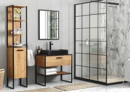 Seturi mobilier baie - SET MOBILIER BAIE BROOKLIN 90 CM CU LAVOAR APLICAT, DESIGN INDUSTRIAL, STEJAR