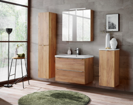 Seturi mobilier baie - SET MOBILIER BAIE CAPRI OAK 80 CM, STEJAR, DULAP CU COS DE RUFE, LAVOAR INCASTRAT