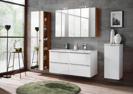 Seturi mobilier baie - SET MOBILIER BAIE MODERN MDF LUCIOS ALB 120 CM CAPRI WHITE CU DULAP COS DE RUFE